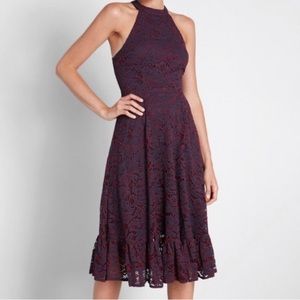 ModCloth A Night Like This Navy Sleeveless Midi Dress With Red Lace Overlay